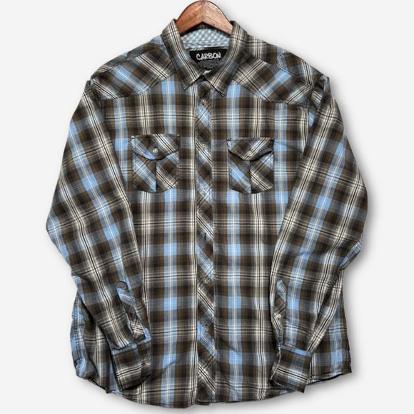 Carbon Shirt Mens XXL Blue Gray Plaid Roll Tab Long Sleeve Reversible Cuffs - Picture 1 of 8